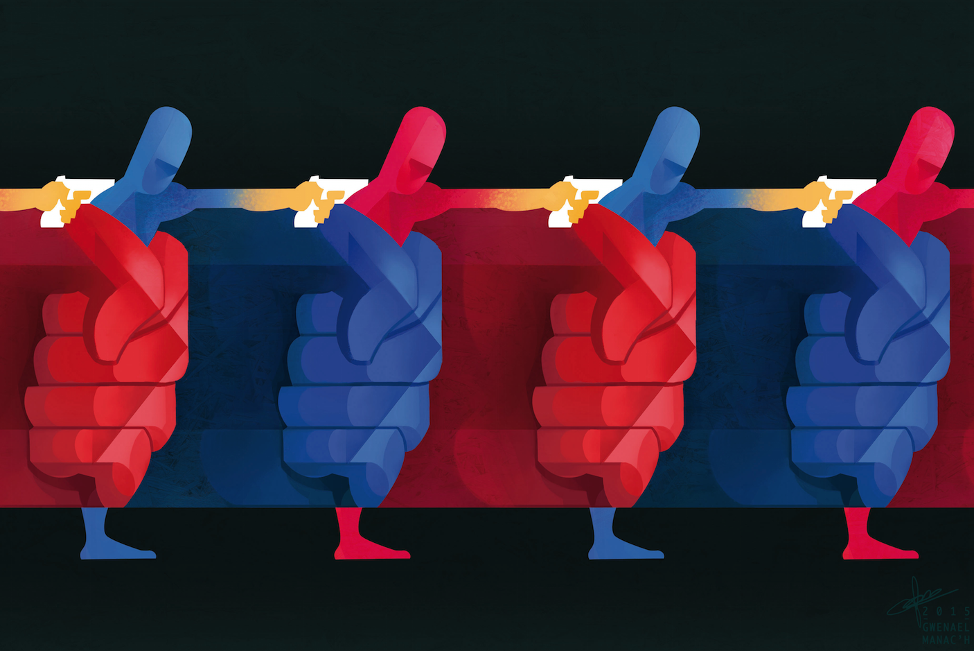 illustration de presse symbolique, non-violence et quartier populaire.
Cycle de la violence.