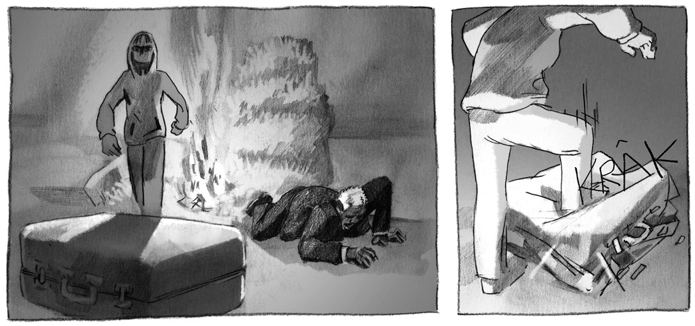 extraits de roman graphique, page originale crayonnée. Bande dessiéne symbolique.