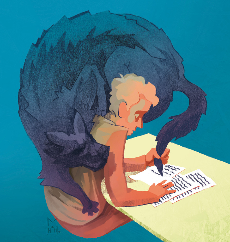 illustration de presse symbolique. 
Folie des auteurs de littérature. 
Maladie mentale et duplicité 